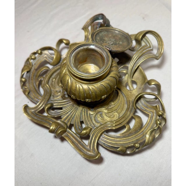Antique Ornate 19th Century Art Nouveau Gilt Bronze Brass Desk Inkwell Stand Jar For Sale - Image 13 of 15