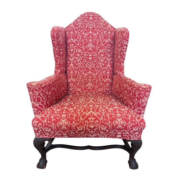 Elegant Queen Anne Wingback Chair in Coral Damask Upholstery With Carved Mahogany Frame For Sale In Greensboro - Image 6 of 12