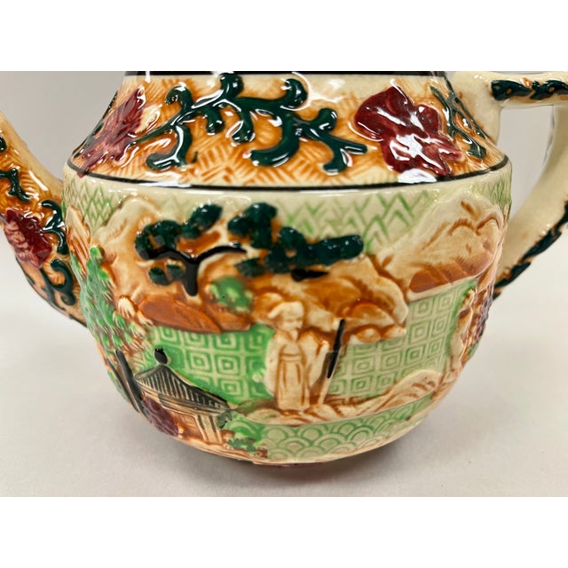 Vintage Majolica Teapot With Asian Designs For Sale - Image 12 of 12
