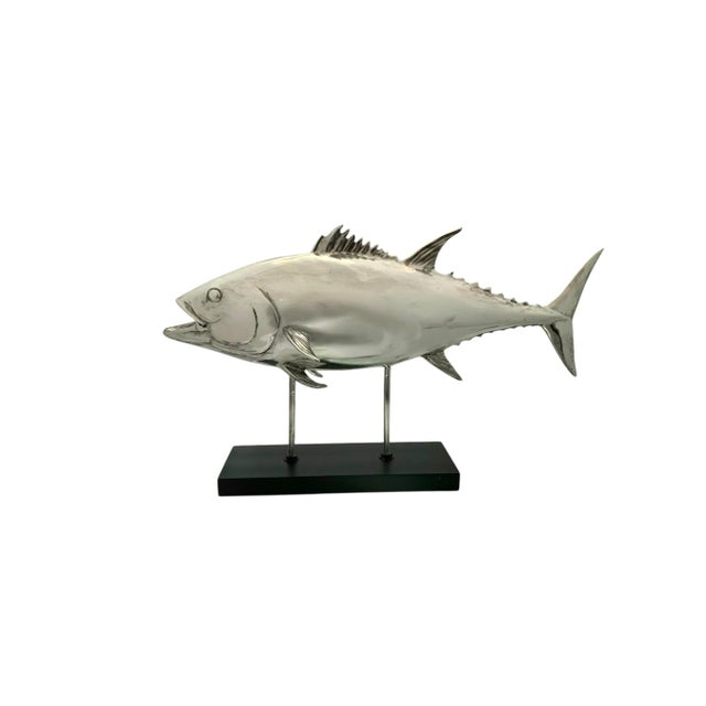 Silver Late 20th Century Fish Sculpture Silver Color Tuna Statue on Base Coastal Nautical Decor For Sale - Image 8 of 8