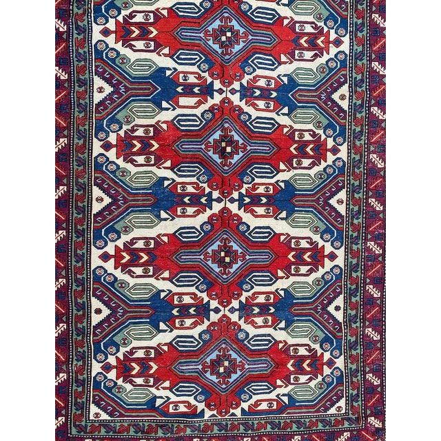 Very beautiful Mid-century soumak rug with nice geometrical design and beautiful colors with red, yellow, blue and purple,...