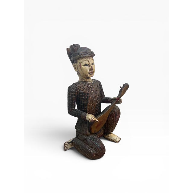 Mid 20th Century Hand-Carved Chinese Wooden Figural Sculpture of Seated Musician With String Instrument For Sale - Image 5 of 12