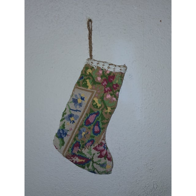 Rustic Vintage Handmade Needlepoint Christmas Stocking For Sale - Image 3 of 9