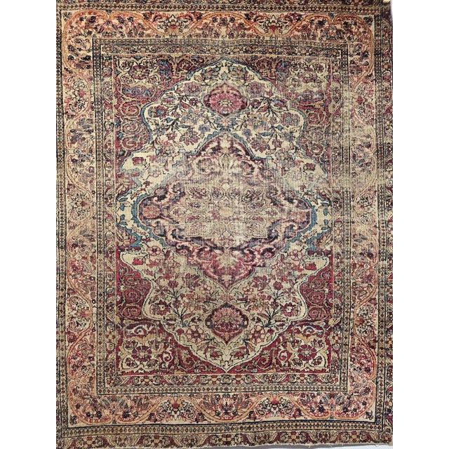 19th-Century Persian Kerman Lavar Area Rug, Handwoven Floral Pattern, Ivory & Red, 4’ X 5’ For Sale In Chicago - Image 6 of 12