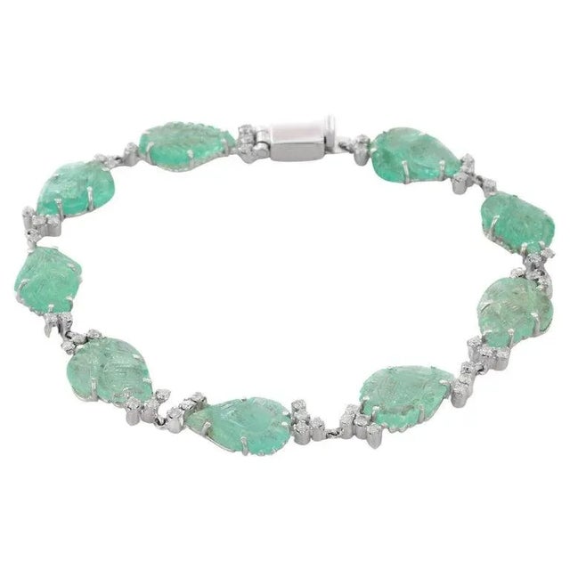 Not Yet Made - Made To Order 18.8 Ct Carved Raw Emerald Bracelet in 18k White Gold With Diamonds For Sale - Image 5 of 6