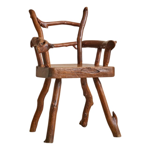 French Folk Art Hand-Carved Wood Armchair, 1960s For Sale