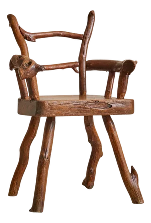 French Folk Art Hand-Carved Wood Armchair, 1960s