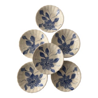 Antique Blue Ridge Southern Potteries Hand Painted Blue and White Flower Small Bowls - Set of 6 For Sale
