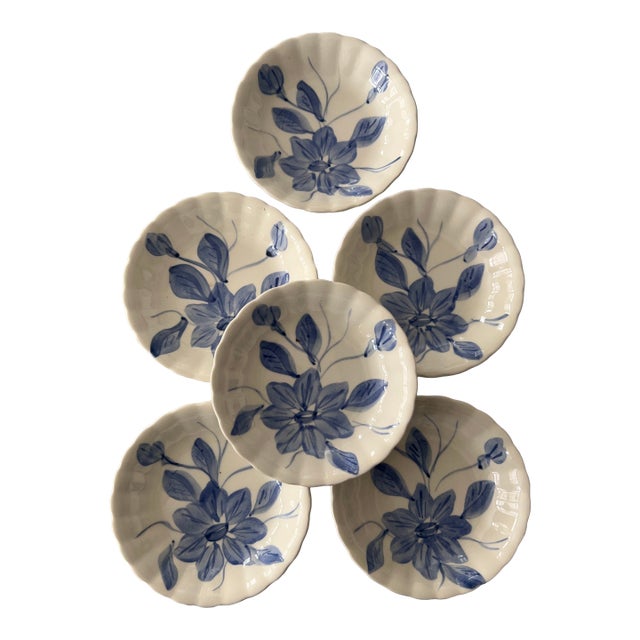 Antique Blue Ridge Southern Potteries Hand Painted Blue and White Flower Small Bowls - Set of 6 For Sale