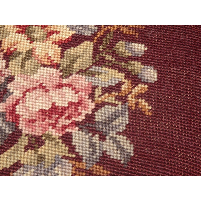 Footstool ~ Vintage French Country Burgundy Floral Round Needlepoint Footstool#2 For Sale - Image 14 of 14