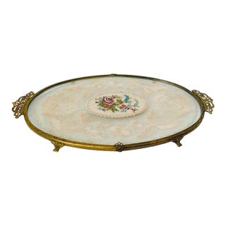 Antique Petit Point Ornate Gold-Tone Vanity Tray, Lace Under Glass For Sale