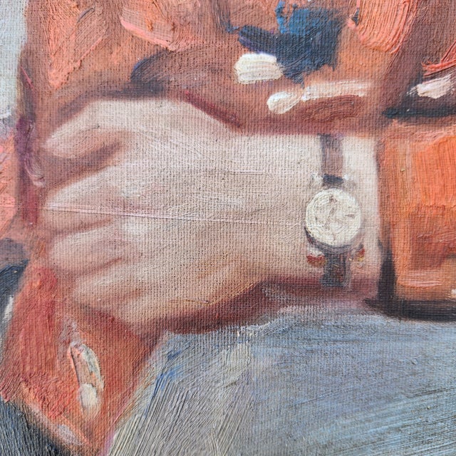 1940s 1940s Oil on Canvas Portrait Painting of a Man in a Plaid Shirt For Sale - Image 5 of 6