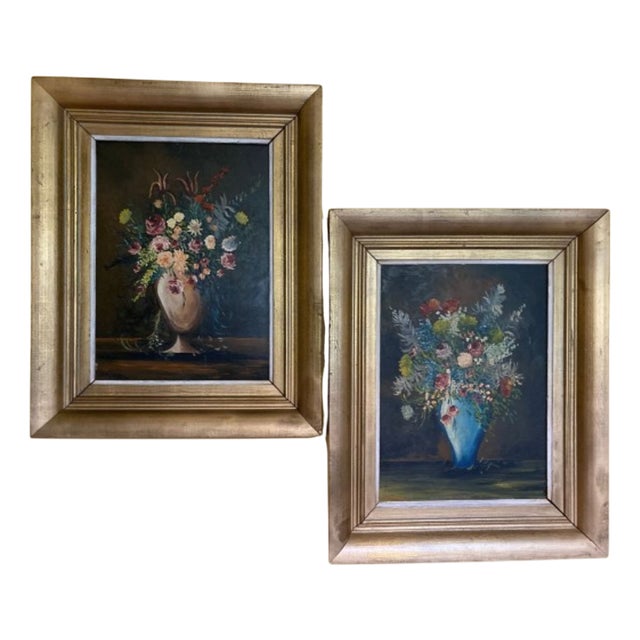 F. Domínguez, Floral Still Lifes, 1945, Oil on Pressed Cardboard, Set of 2 For Sale