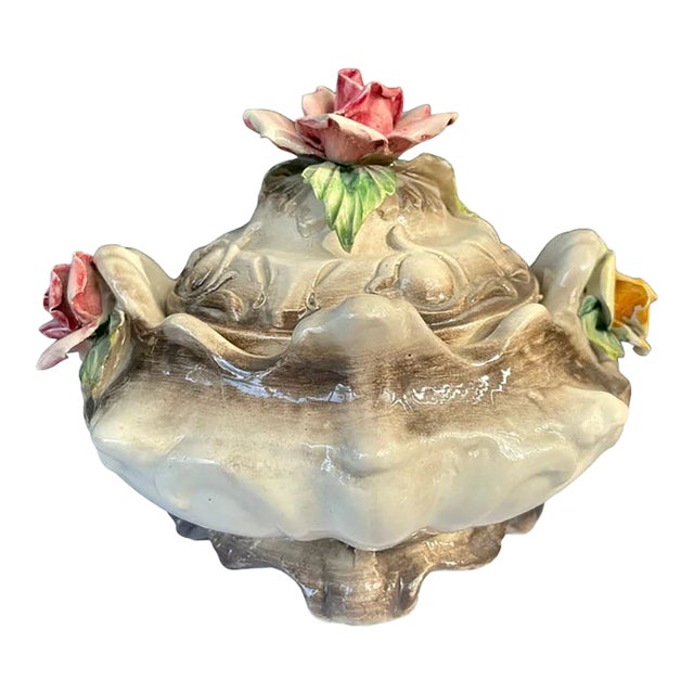 Vintage Italian Capodimonte Ceramic Covered Dish With Sculpted Roses For Sale