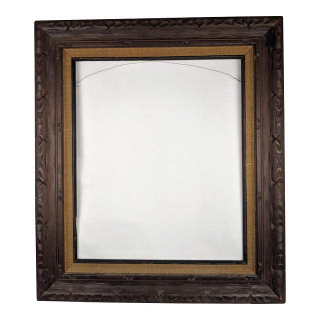 Large Vintage Arts & Crafts Hand-Carved Dark Brown Wood Frame With Linen Liner For Sale