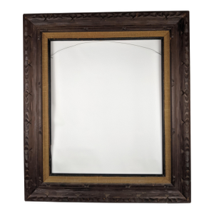 Large Vintage Arts & Crafts Hand-Carved Dark Brown Wood Frame With Linen Liner