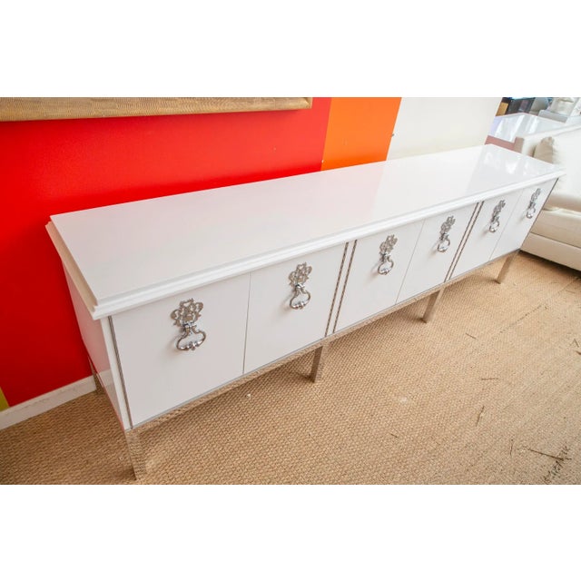 Vintage Mastercraft Custom Cabinet, Credenza, Buffet With Chrome Plated Over Bronze Hardware Restored Vintage For Sale - Image 12 of 13