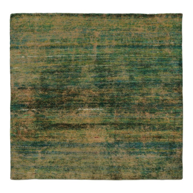 Rug & Kilim’s Modern Textural Square Rug, Warm Tone-on-Tone Green and Gold For Sale