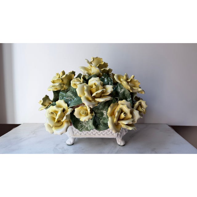 Vintage Italian Capodimonte-Style Porcelain Floral Arrangement Yellow Roses and Green Leaves Set Inside a White Textured Ceramic Basket. For Sale - Image 13 of 16