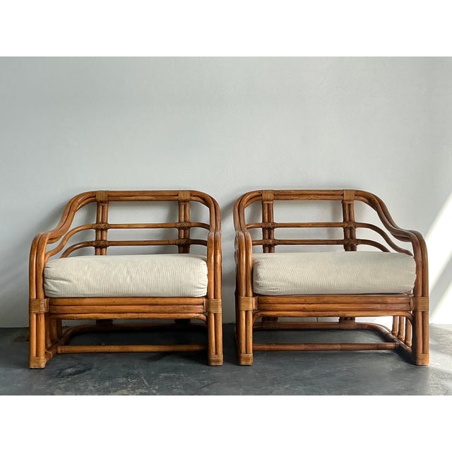Wood Vintage Boho Brown Jordan Bent Rattan Lounge Chairs - A Pair For Sale - Image 7 of 7