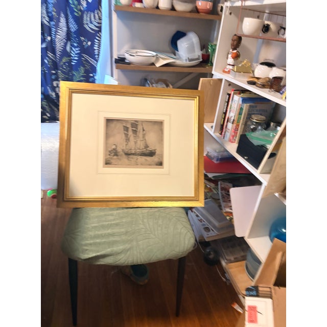 Gold 1930s Autical George Gale Signed Original Maritime Etching "Dropping the Tug" Framed For Sale - Image 8 of 11