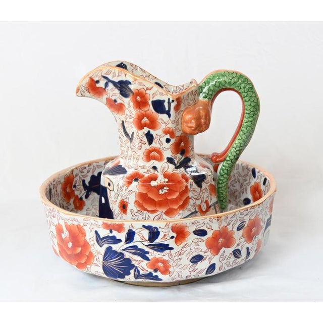 Imari Style Floral Jug and Basin with Serpent Handle For Sale - Image 4 of 4