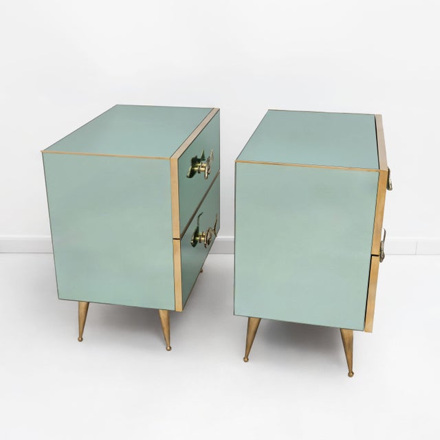 Metal Mid-Century Modern Aqua Green Mirrored Glass Nightstands with Brass Fish Handle, 2000, Set of 2 For Sale - Image 7 of 10