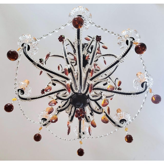 Contemporary Vintage Italian Designer Beaded & Amber Glass Hot Air Balloon 8 Light Chandelier For Sale - Image 3 of 17