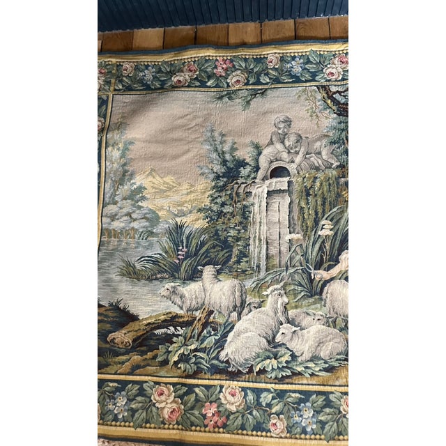 Splendid Aubusson-style tapestry depicting a romantic pastoral scene. 113 x 170 cm