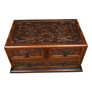 Vintage Huali Wood Tabletop Cabinet, Double Dragon Relief Motif For Sale