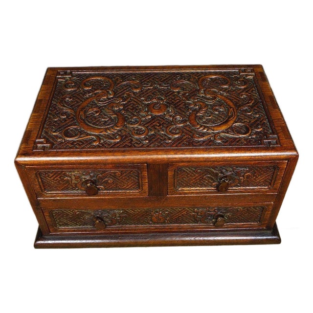 Vintage Huali Wood Tabletop Cabinet, Double Dragon Relief Motif For Sale