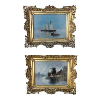 Vintage Seascape Oil on Canvas Set of 2 Paintings in Wood Gilded Frames For Sale