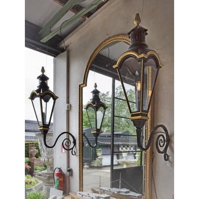 Large Dutch Copper Wall Lanterns with Wrought Iron Arms, Set of 2 For Sale - Image 3 of 4