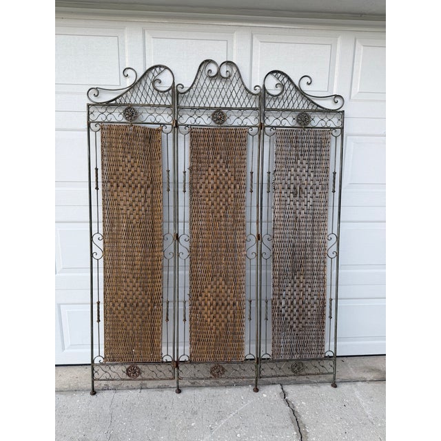 French Provincial Vintage Wrought Iron & Woven Rattan Folding Room Divider Screen For Sale - Image 3 of 12