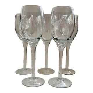 Vintage Handmade Etched Grapevine Tulip-Stem Wine Glasses – Set of 5 For Sale