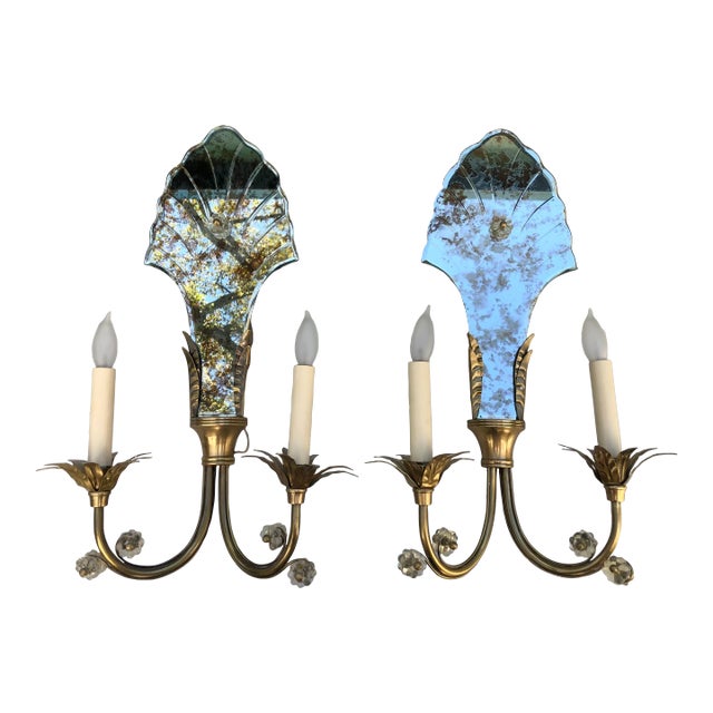 Pair of Global Views Mirror & Brass Sconces For Sale