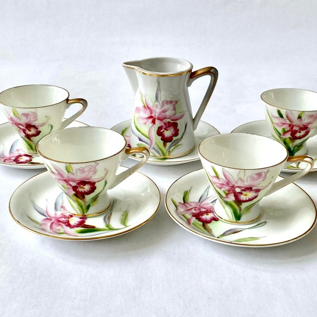 1950s Hand-Painted Porcelain Demitasse Cups & Saucers With Creamer- 10 Pieces For Sale - Image 10 of 10