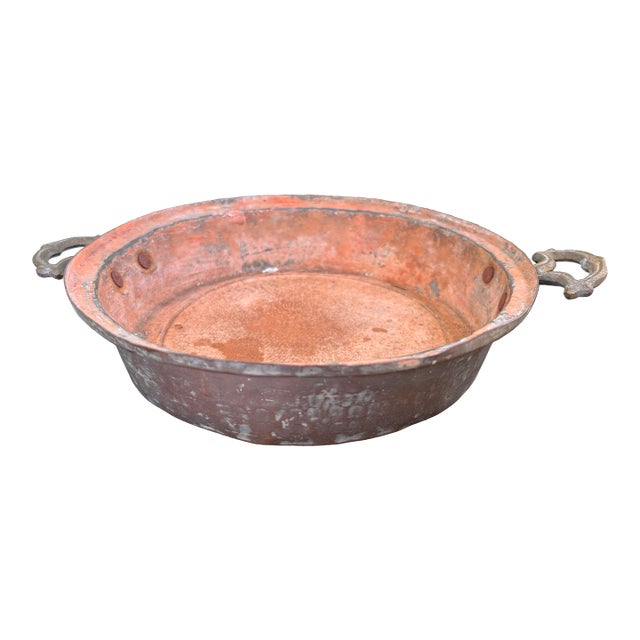 Vintage Primitive Copper Tone Handled Serving Pan With Brass Handles For Sale