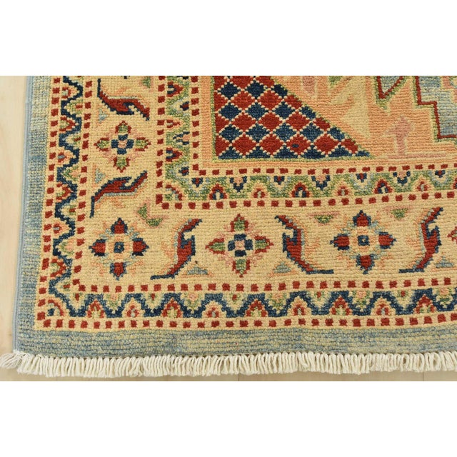 Kazak Rug 4′ X 5’11” Blue Wool Tribal Hand-Knotted Oriental Carpet For Sale - Image 9 of 12