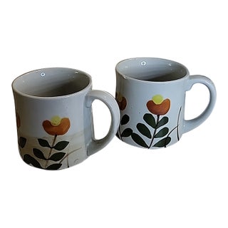 Vintage Attributed to Otagiri Stoneware Coffee Mugs Botanical For Sale
