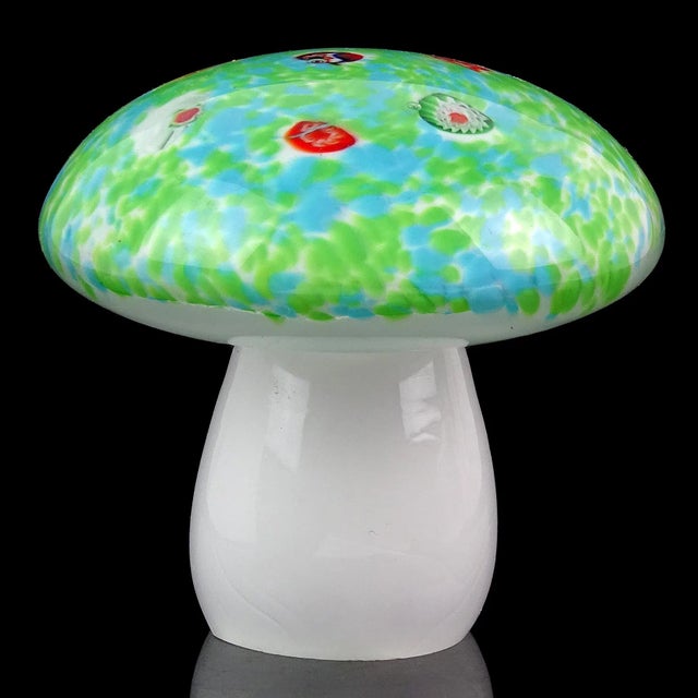 Beautiful Murano hand blown white, sky blue and light green Italian art glass mushroom / toadstool paperweight. Created in...