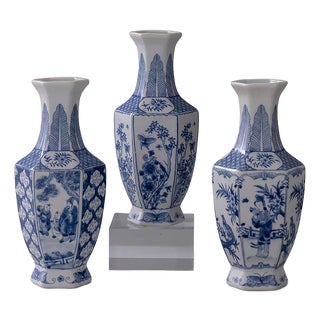 Garden of Blue Chinoiserie Hex Vases, Set of 3 For Sale