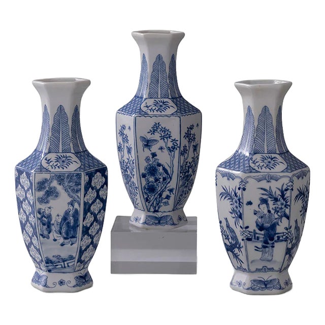 Garden of Blue Chinoiserie Hex Vases, Set of 3 For Sale