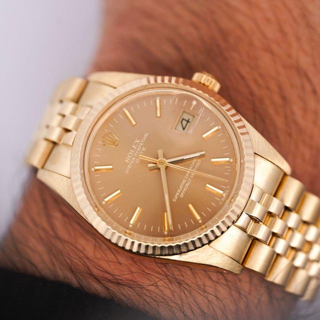 Champagne Vintage Rolex Op Date 34mm 14k Gold Champagne Dial Watch For Sale - Image 8 of 13
