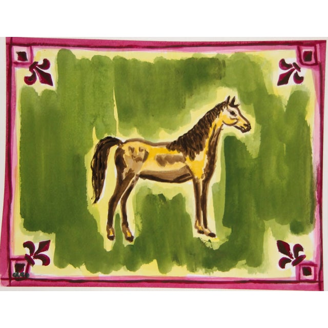 Cleo Plowden Horse Animal in Burgundy Olive Medieval Border Original Painting Cleo Plowden For Sale - Image 4 of 4