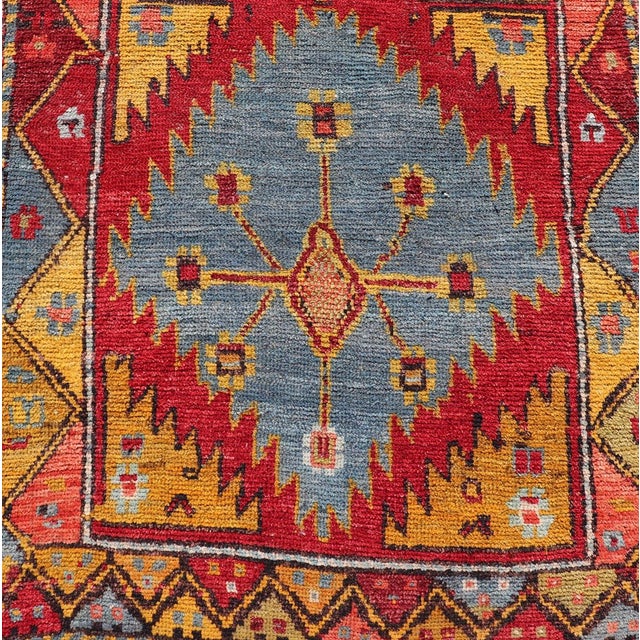 Vintage Turkish Oushak Runner With Bold Gold, Red, and Sky Blue Medallions For Sale - Image 9 of 13