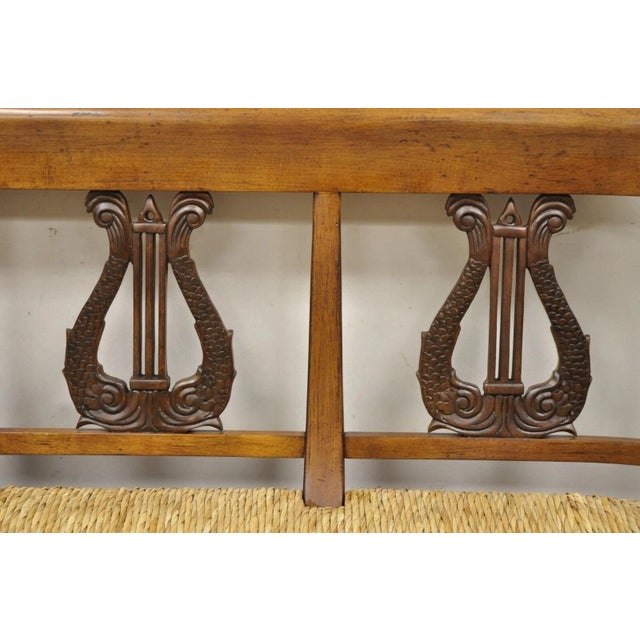 Neoclassical Vintage Italian Neoclassical Cherry Wood Dolphin Lyre Carved Rush Seat Bench For Sale - Image 3 of 12