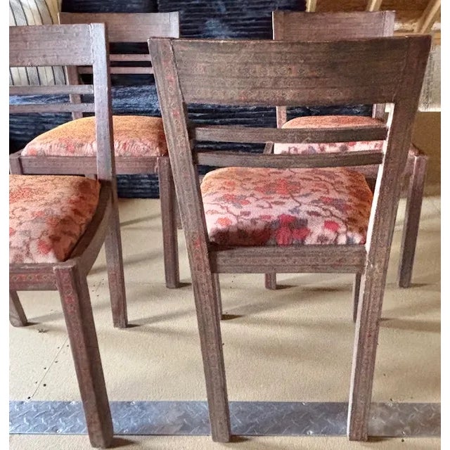 Mid Century Anglo Indian Style Decoupage Wood Dining Chairs With Patterned Paper and Lacquered Overlay For Sale - Image 9 of 16