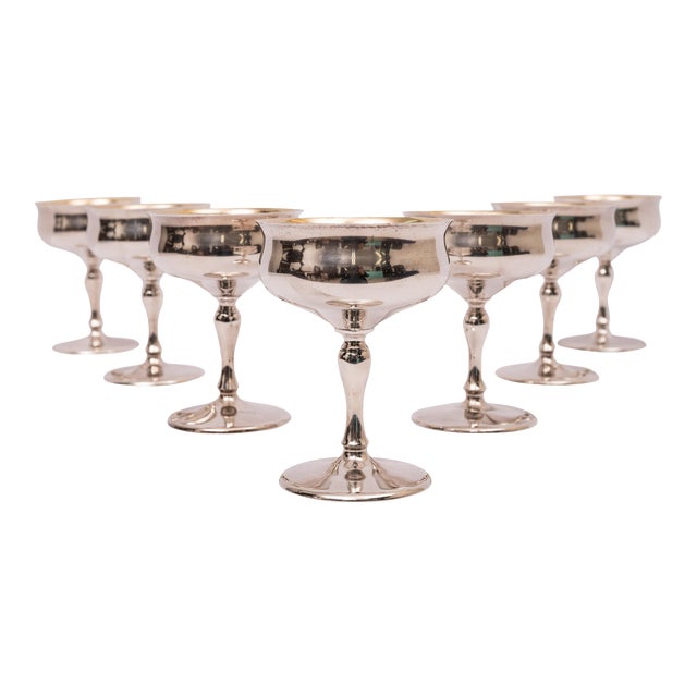 Antique American Sterling Silver Gilt Art Deco Sherbet Cocktail Wine Goblets - Set of 7 For Sale