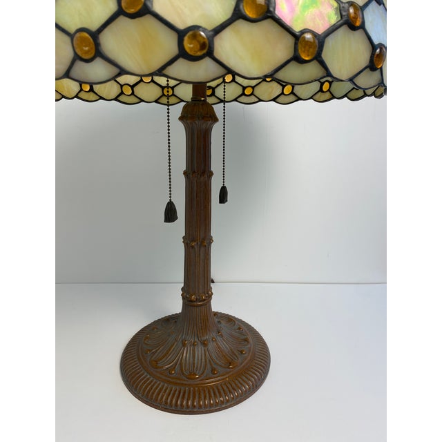 Antique American Tiffany Style Leaded Stained Glass Table Lamp With Amber Jewels For Sale - Image 11 of 11